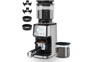 Homtone Moulin à Café Électrique, 51 Niveaux de Mouture Réglables, Broyeur à Meule Conique en Acier Inoxydable, Antistatique, pour Espresso, Café Filtré, French Press, 160 W (Argent)