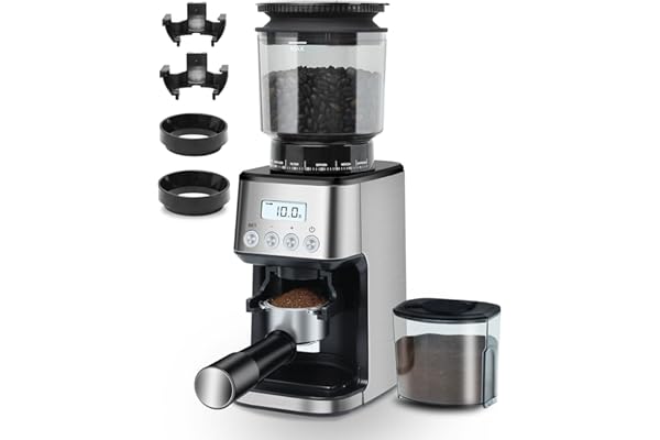 Homtone Moulin à Café Électrique, 51 Niveaux de Mouture Réglables, Broyeur à Meule Conique en Acier Inoxydable, Antistatique, pour Espresso, Café Filtré, French Press, 160 W (Argent)