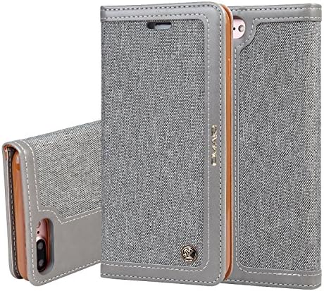 CMai2 iPhone 7 Plus Case, iPhone 8 Plus Case (5.5 Inch Jean Fabric & PU Leather Wallet Flip Shockproof Case Shell Cover with Card Slots and Stand Feature for iPhone 7/8 Plus (Grey)