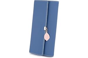 RRANCharltu Portefeuille Femme Longue Porte-Cartes Porte-Monnaie à glissière avec Feuille Pendentif en PU Cuir, 10 Emplacements Cartes pour Cadeau de Noël Saint-Valentin (Bleu Marine)