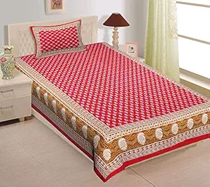 EarlyMart Comfort Rajasthani Jaipuri Traditional Sanganeri Printed 144 TC Cotton Single Size Bed Bedsheet with 1 Pillow Cover - Red