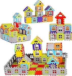FlexZone Mega Jumbo Happy Home House Building Blocks with Attractive Windows and Smooth Rounded Edges - Building Blocks Toys and Games for Kids 72 Blocks + 35 Windows (Kids Happy House Block Game)