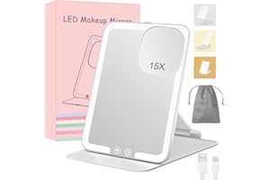 MKUMIR Rechargeable Travel Makeup Mirror with 15X Magnifying,Folding Lighted Cosmetic Tabletop Mirror with Adjustable Stand,3 Color Lighting,Dimmable Touch