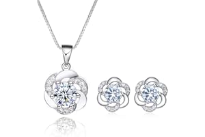Josfeva Parure Ensemble de Bijoux Femme Argent Fin 925, Parure de Bijoux Boucles d'oreilles Collier en Forme de Fleur/Trèfle avec Zircon Cubique Blanc, Clous Chaîne Pendentif Hypoallergénique