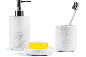 WORHE Bathroom Accessories Set made of Italian Natural Marble, 3-Piece Bath Accessories with Toothbrush Cup, Soap Dispenser, and Soap Dish for Home, Apartment, Dormitory, Bathroom Décor White WH054