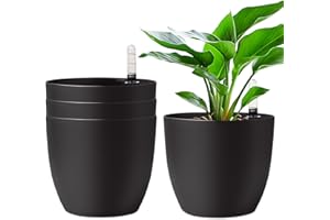 T4U 18CM Self Watering Plastic Planter with Water Level Indicator Pack of 4 - Black, Modern Decorative Planter Pot for All House Plants, Flowers, Herbs, African Violets, Succulents