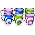 Cennet Plastic Drinking Mug with Handle - Reusable Unbreakable Lightweight Coffee Cups for Hot, Cold Tea, Milk Water Juice - Office, Camping,Travel, Party, BPA Free (Pack of 6) (Striped)