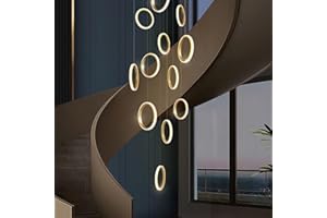 RuiRfh Chandelier Modern LED Villa Stair Large Pendant Light Golden Dimmable High Ceiling Pendant Lamp with Remote Control Suitable for Foyer Hotel Living Room Aluminum 15 Ring Lighting (Color : Dim