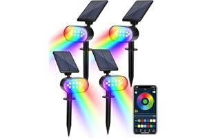 BLOOMWIN Focos LED Exterior Solares Jardín Colores - 4 Pack RGBW Cambio de Color Luz Solar Exterior Impermeable IP65 con Bluetooth APP Control, Lamparas de Césped Foco Proyector Múltiples Funciones