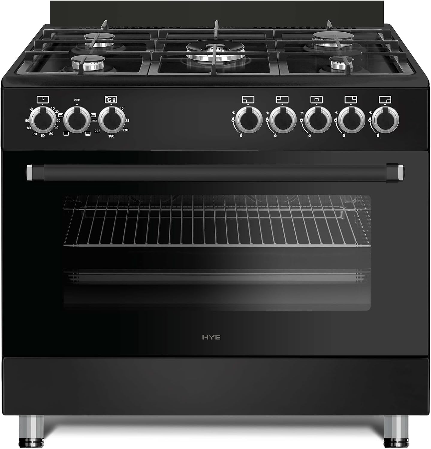 HYE Cooker - Gas Cooker, Versatile 5 Burner Gas Hob, Electric Oven, Smart Digital Controls, 90cm Width, Freestanding Design, Matte Black, Perfect For Busy Family Kitchens & Larger Homes - C01FS90G18
