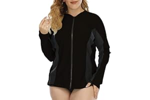 Halcurt Women's Plus Size UPF 50+ Zip Rash Guard Drawstring Ruffled Bag Surf Top