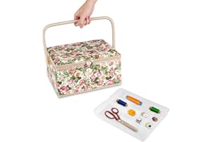 Ejoyous Large Sewing Basket Box, Retro Rural Fabric Floral Printed Sewing Storage Box with Compartments for Storing Needle Thread