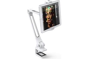 AboveTEK Sturdy Tablet Holder, Aluminum Long Arm Tablet Mount, 360° Swivel Tablet Stand & Phone Holder with Bracket Cradle Clamps 4-11" Devices for Kitchen Bedside Office Desk Showcase Display