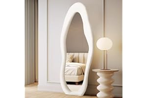 LunaMirror Irregular Wavy Full Length Mirror 160x60 CM Full Body Wall Mounted Floor Mirror with Stand Ivory Flannel Frame Leaning Hanging Wall for Bedroom Entrance