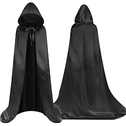 Cape à Capuche Noire Halloween Avec 10 Tatouages - 160 Cm, Satin, Pour Déguisement Sorcier, Vampire, Fête Costumée