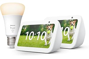 ECHO Y ALEXA Echo Show 5 (3.ª generación) | Blanco, pack de 2 + Philips Hue White Bombilla Inteligente (E27), compatible con Alexa - Kit de inicio de Hogar digital