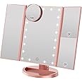WEILY Tri-fold Vanity Mirror, 21 LEDs and 2X/3X Magnification, Touch Switch for Adjusting Brightness, Dual Power Supply mode Makeup Mirror (Rose Gold)
