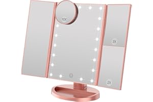 WEILY Tri-fold Vanity Mirror, 21 LEDs and 2X/3X Magnification, Touch Switch for Adjusting Brightness, Dual Power Supply mode Makeup Mirror (Rose Gold)