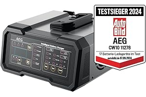 AEG Batterieladegerät CW10 lädt alle 6 V und 12 V Batterien, umfangreicher Sicherungsschutz, mit Ladestatusanzeige in Prozent