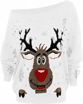 Modaworld Maglioni Natalizi Famiglia Donna Maglietta a Maniche Lunghe con  Stampa di Renna Natale Felpa off Shoulder Maglie Donna Invernale : Amazon.it:  Abbigliamento
