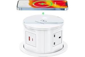 HANNELORE Pop Up Sockets for Kitchen Worktops with Wireless Charging, Pop Up Plug Socket with USB C, Recessed Desk Power Outlet 4 UK Plug, 2 USB, Worktops Socket for Office and Home, White