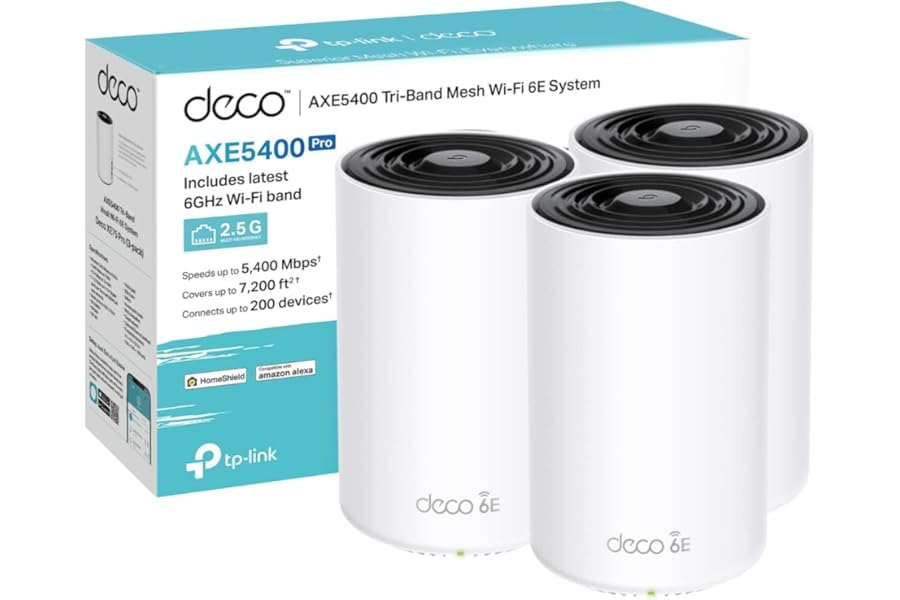 TP-Link Deco XE75 Pro(3-pack) AXE5400Mbps Mesh WiFi 6E System, True Tri-Band Speed, 2.5 Gbps Port, AI-Driven, Coverage up to 7200ft², WiFi Router and Extender Booster, Gaming & 4K, Easy Setup