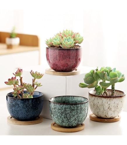 XUDREZ Keramik-Blumentopf 4er-Set Für Sukkulenten – Bunte Mini-Töpfe Mit Abtropfschale, 9.6x6.8cm