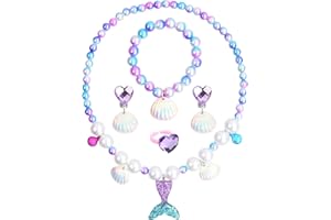 Xzeemo 5 Pcs Mermaid Jewelry Set for Little Girls, Princess Mermaid Stretchy Necklace Bracelet Earrings Ring, Kids Pretend and Dress Up Jewelry for Toddlers Aged 2 3 4 5 Gift