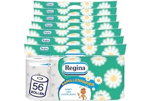 Regina Kamomillpapper 3-lagers toalettpapper | 56 rullpaket (7 x 8 enkelförpackningar) | 150 ark per rulle | Mjuk och pålitlig