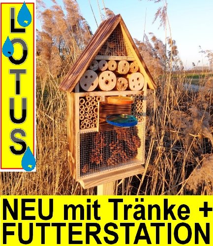 Gartendeko Nistkasten 50 cm groß hell GEFLAMMT RUSTIKAL, für Marienkäfer Schmetterling INSEKTENHOTEL,LOTUS-AUSFÜHRUNG (mit wasserabweisender Oberfläche), MIT 2 x SICHTGLAS ca. 8 mm und 11 mm (2 BEOBACHTUNGSRÖHRCHEN aus Glas, mit Zellstoff-Verschluss und Anflughilfe) MIT TRÄNKE SD und FUTTERPLATZ, Futterstelle,Insektenkasten, Insektenhaus, funktionelle Garten Deko passend zum Vogelhaus oder Vogelhäuschen - 5