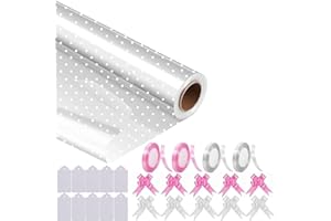 Spurly Clear White Dot Cellophane Wrap for Hampers 80cm x 30m Florist Cellophane Wrap Roll, Gift Wrappings for Flower Bouquet, Crafts, Easter Baskets - 10 Pull Bows, 4 Ribbons, and 10 Gift Tags