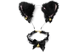 hocadon Cosplay Girl Furry Cat Ears Headband, Cute Cat Ears Headband with Bells Bows, with Choker Necklace, Cat Ear Fox Headband for Halloween Party Dressing Parties Decoration
