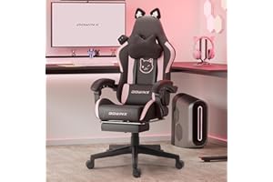 Dowinx Gaming Chair Cute with Cat Ears and Massage Lumbar Support, Ergonomic Computer Chair for Girl with Footrest and Headrest, Comfortable Reclining Game Chair 290lbs for Adult, Teen, Black