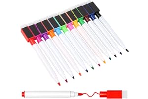 qijiefenCC 12 Pcs Feutre Tableau Blanc Effacable, Tableau Blanc Magnetique Stylo Effaçable, Feutres avec Gomme, Parfait pour École, Maison, Bureau