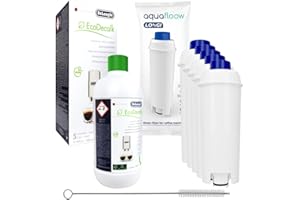Aquafloow 5 cartuchos de filtro de agua de Kaffemachine compatibles con DeLonghi DLSC002, SER3017 y 5513292811, descalcificador EcoDecalk de 500 ml, cepillo de limpieza