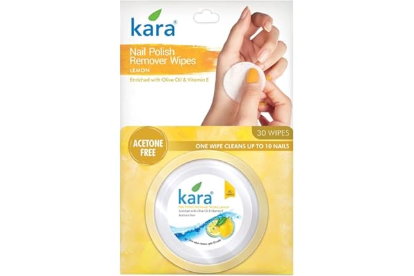 Kara Nail Polish Remover Wipes Lemon 30 Pulls, Enriched with Olive Oil & Vitamin E, Acetone Free, One Wipe Cleans Upto 10 Nails