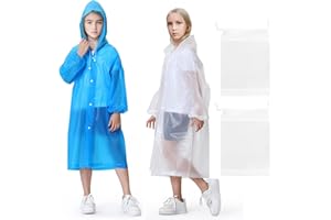HJJMN 2Pcs Reusable Kids Transparent Rain Coat, Lightweight Children Waterproof Rain Cape, Portable Kids EVA Rain Ponchos, Kids Clear Rainwear with Hood Buttons Sleeves 2 Drawstring Bags for Boys Girls 5-12