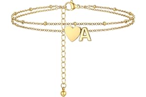 PROSTEEL Bracelet de Cheville Plaqué Or pour Femme, Chaîne Double Couche avec des Charmes Cœur et Lettre, Chaîne de Cheville Ajustable de 22+5cm