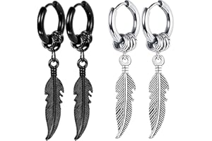 WHYCNJL 2 pary czarnych kolczyków dla mężczyzn kolczyki z piórami kolczyki punkowe ze stali nierdzewnej hipoalergiczne (1 para czarnych 1 para srebrnych), tamaño medio, Metal