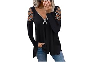 ClodeEU Women Vintage Zip Up Blouse Tops V Neck Hollow Sleeve Rhinestone Solid Blouse Tunic T-Shirt Elehant Pullover Ladies Dressy T Shirt Holiday Party Jumper Sweatshirt Tee, Gray,black,pink