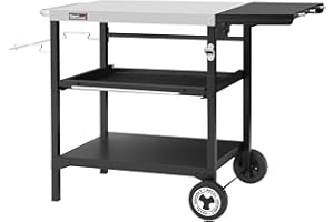 Royal Gourmet Outdoor Grilltisch, 3-Etagen Servierwagen mit 70 x 50 cm Edelstahl Tischplatte und 30 x 50 cm klappbarer Seitenablage, Beistelltisch Grillablagetisch Garten Trolley mit Push-Pull Regal