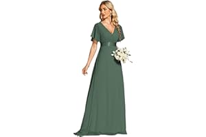 Ever-Pretty Women's Double V-Neck Short Flutter Sleeves Empire Waist Elegant Chiffon Long Evening Dresses 9890