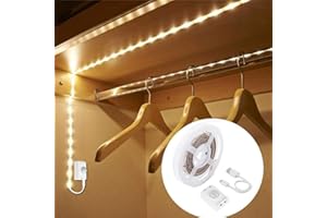 UNIKS 1,5M Striscia Led con Sensore di Movimento, Batteria Ricaricabile, 3000K Bianco Caldo, Luce Notturna per Bambini, Camera da letto, Armadio, Corridoio, Cucina