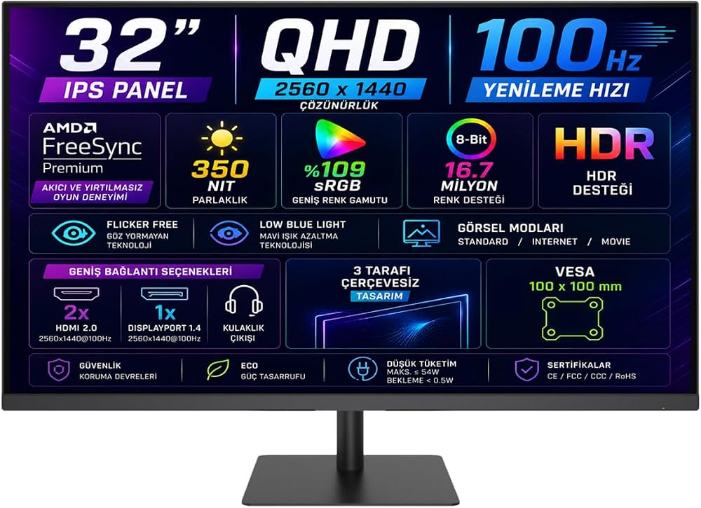 KTC H32T13 32” 5 ms 100 Hz (HDMI+DisplayPort) AMD FreeSync 2K QHD (2560x1440) IPS Panel Monitör