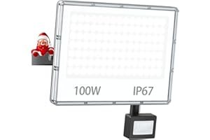 YIQIBRO 100W Faretto LED da Esterno con Sensore di Movimento 1 Pezzi - 10000LM IP67 Faretti Faro LED Esterno 7000K Luce Fredda Lampada Faretti con Sensore Movimento per Giardino/Garage