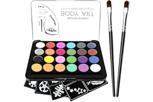 RIOGOO Face Paint Kit for Kids - 32 Stencils, 24 Large Water Based Paints, 2 Brushes, Professional Quality Face & Body Paint, Hypoallergenic Safe & Non-Toxic, Ideal for Halloween Party Face Painting