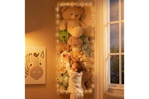 SUNMON Organizador Juguetes para Guarda Peluches, Almacenamiento Organizador Peluches, Juguetes de Peluche Montado Pared para Cuarto de Bebé, Sala de Estar (con Luces Navideñas)