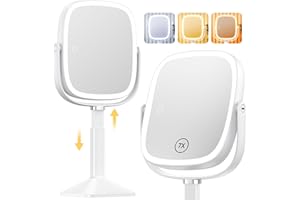 Gospire Rectangle Lighted Makeup Mirror with Lights 3 Color, Height Adjustable and 1X/7X Magnifying, 4000mAh Rechargeable Battery for Bedroom, 8.5”x7.4” Large Surface, Stepless Dimming - White