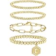 doubgood Gold Beaded Bracelets for Women, Stackable Gold Bracelets for Women 14K Real Gold Plated Stretch Bead Ball Bracelet with Letter Pendant
