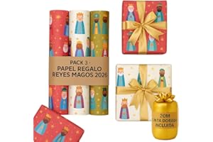 HUMPTI Papel Regalo Reyes Magos para Envolver Pack 3 con Bobina de Tela Dorada para Lazos Incluida, Papel de Regalo Reyes Magos 70cm x 5m, 15 Metros en Total, Rollo Grande, Embrulho Natal